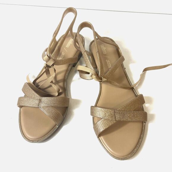 Melissa Jason Wu Womens Sz 7 Summer Sandals Glitter Bronze Tie Up Open Toe Vegan - Picture 4 of 13